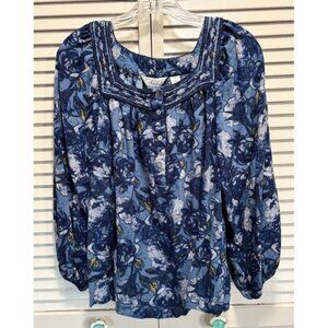 Caffe'‎ Marrakesh Floral Blue/Black Long Sleeve Button Blouse Size M Crochet